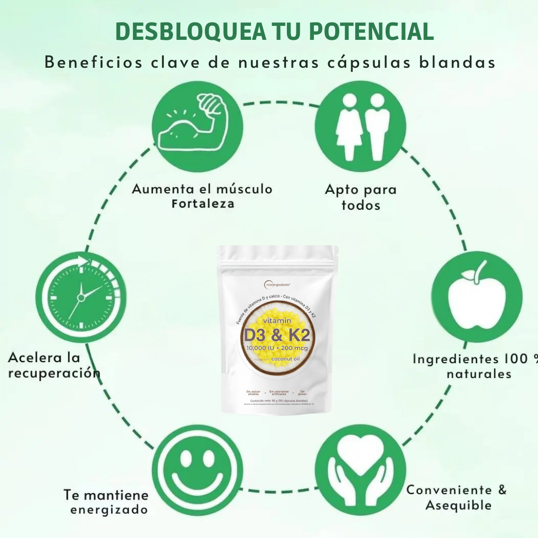 Vitamina D3 + K2 de Alta Potencia para huesos fuertes y defensas activas